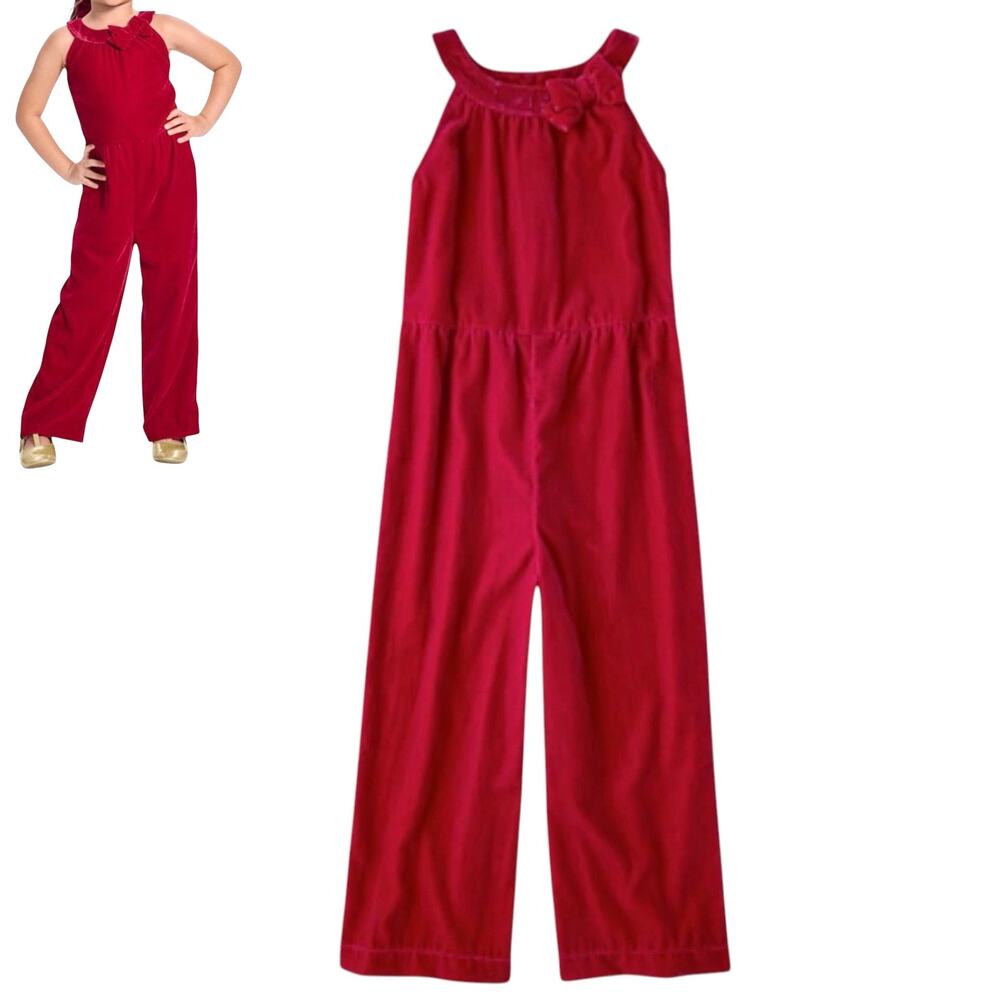 Gymboree Red Velvet Jumpsuit Girls 10 Holiday Christmas Red Velvet Bow Collar